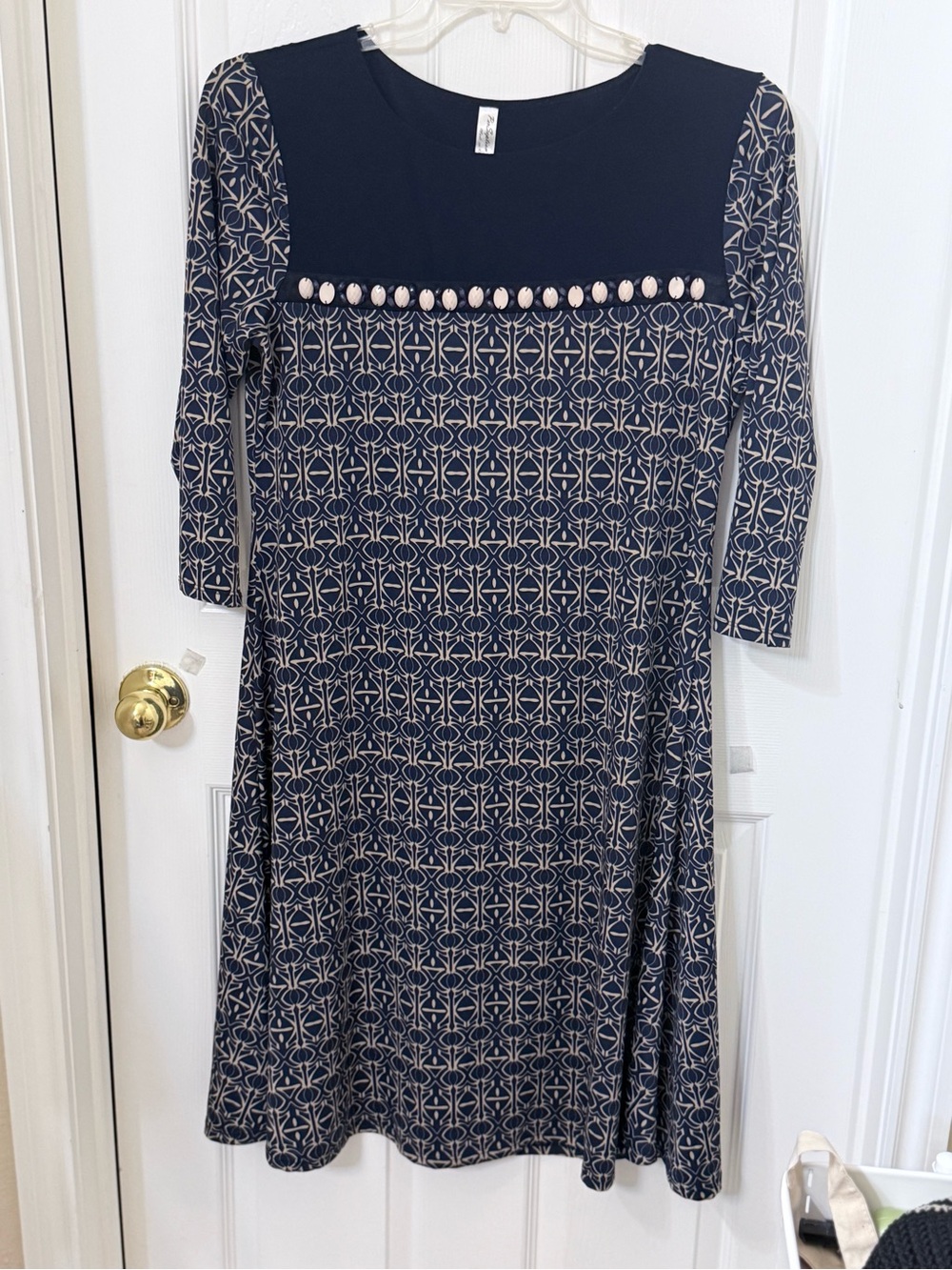 PerSeption Concept Navy and Cream Patterned Long Sleeve A-Line Dress